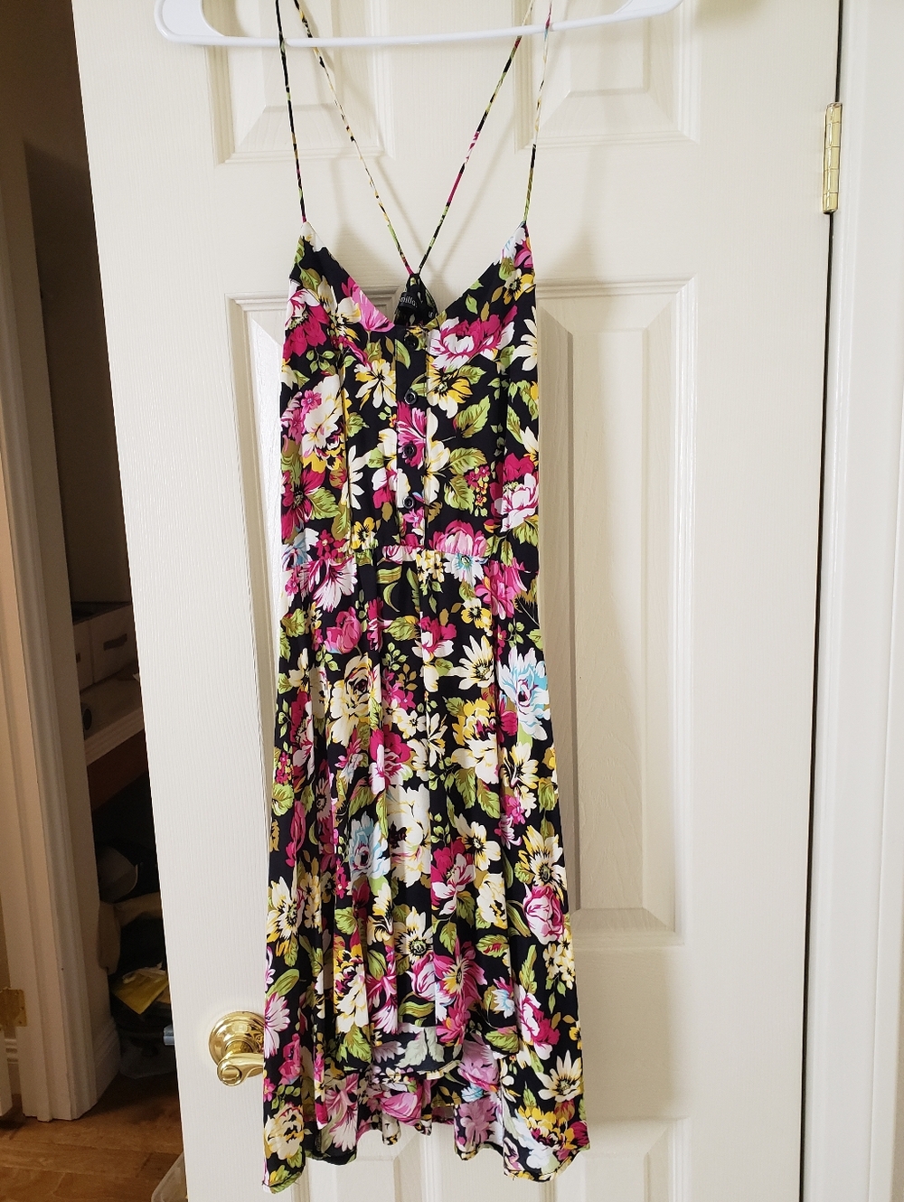 Millau Black Floral Midi Dress with Pink & Green Accents